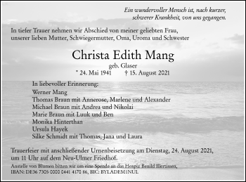 Traueranzeige von Christa Edith Mang von SÜDWEST PRESSE Ausgabe Ulm/Neu-Ulm