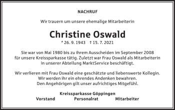 Traueranzeige von Christine Oswald von NWZ Neue Württembergische Zeitung/Geislinger Zeitung