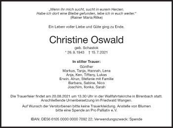 Traueranzeige von Christine Oswald von NWZ Neue Württembergische Zeitung