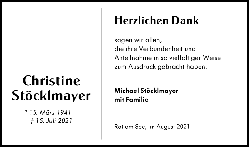  Traueranzeige für Christine Stöcklmayer vom 21.08.2021 aus Hohenloher Tagblatt