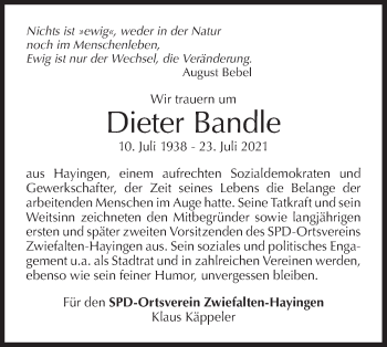 Traueranzeige von Dieter Bandle von Alb-Bote/Metzinger-Uracher Volksblatt