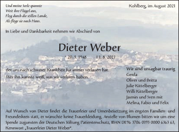 Traueranzeige von Dieter Weber von Metzinger-Uracher Volksblatt