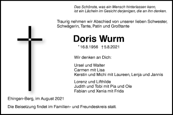 Traueranzeige von Doris Wurm von SÜDWEST PRESSE Ausgabe Ulm/Neu-Ulm