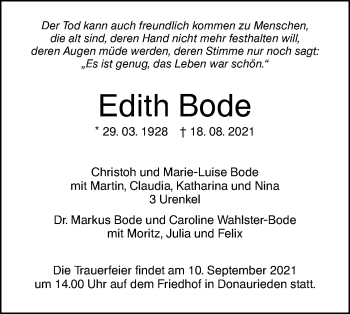 Traueranzeige von Edith Bode von SÜDWEST PRESSE Ausgabe Ulm/Neu-Ulm