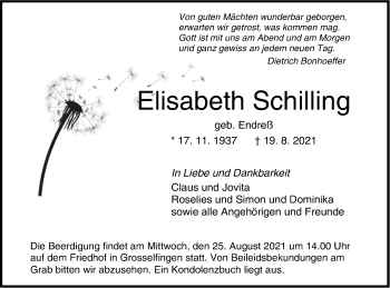 Traueranzeige von Elisabeth Schilling von Metzinger-Uracher Volksblatt