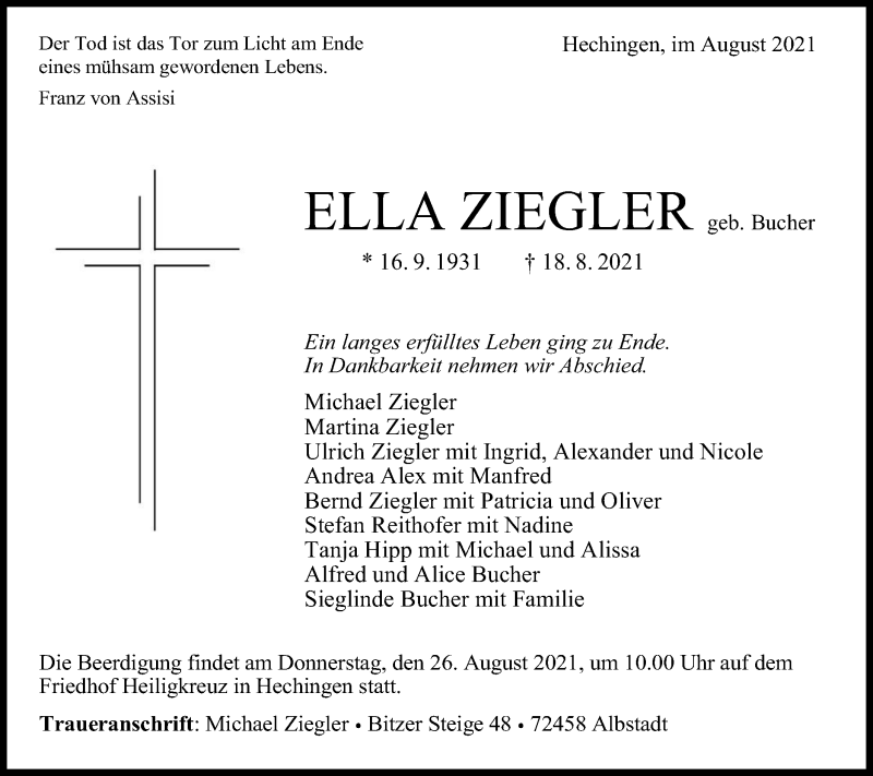  Traueranzeige für Ella Ziegler vom 21.08.2021 aus Metzinger-Uracher Volksblatt