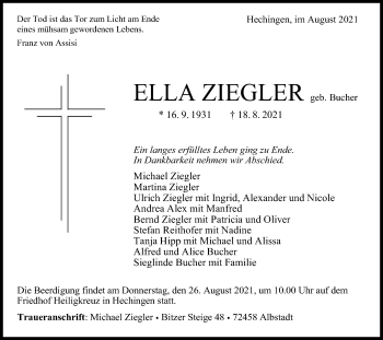 Traueranzeige von Ella Ziegler von Metzinger-Uracher Volksblatt