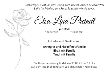 Traueranzeige von Elsa Lina Preindl von Hohenloher Tagblatt