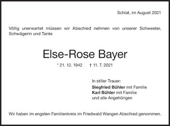 Traueranzeige von Else-Rose Bayer von NWZ Neue Württembergische Zeitung