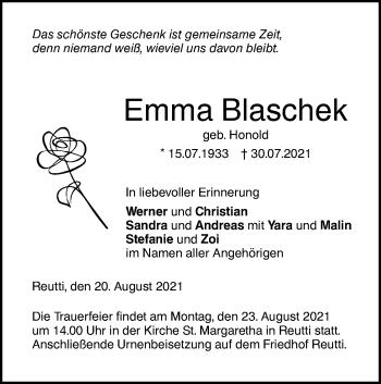 Traueranzeige von Emma Blaschek von SÜDWEST PRESSE Ausgabe Ulm/Neu-Ulm