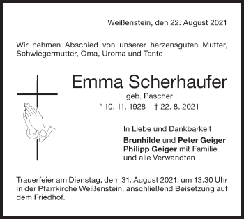 Traueranzeige von Emma Scherhaufer von NWZ Neue Württembergische Zeitung