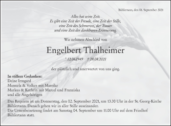 Traueranzeige von Engelbert Thalheimer von Haller Tagblatt