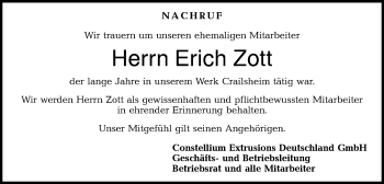 Traueranzeige von Erich Zott von Hohenloher Tagblatt