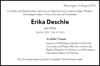 Traueranzeige von Erika Deschle von Alb-Bote/Metzinger-Uracher Volksblatt