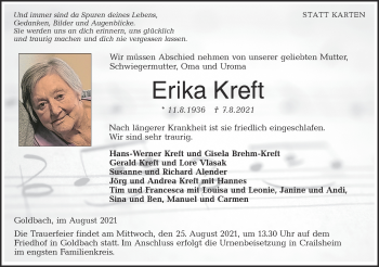 Traueranzeige von Erika Kreft von Hohenloher Tagblatt