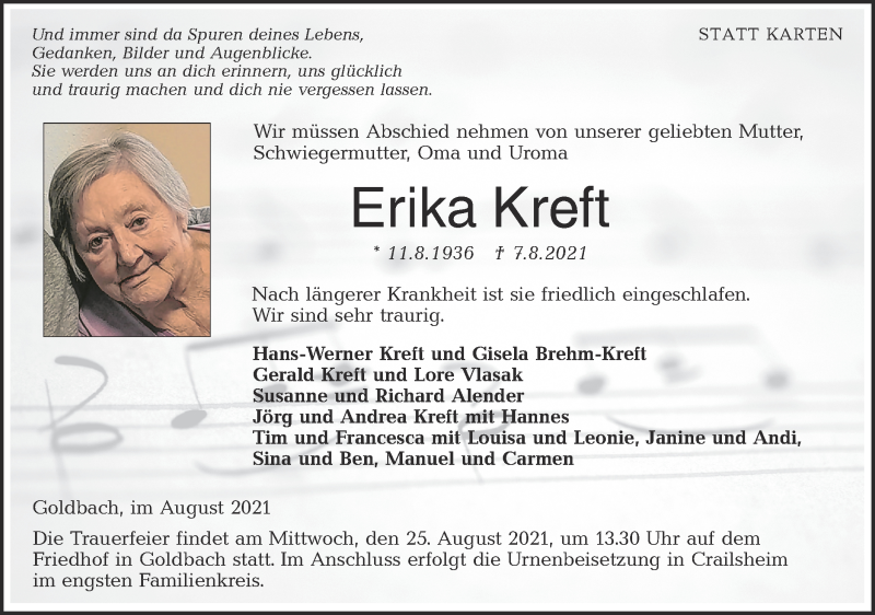  Traueranzeige für Erika Kreft vom 21.08.2021 aus Hohenloher Tagblatt