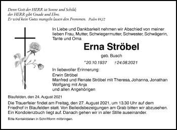 Traueranzeige von Erna Ströbel von Hohenloher Tagblatt