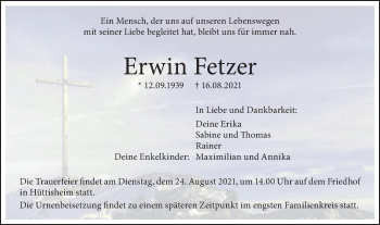 Traueranzeige von Erwin Fetzer von SÜDWEST PRESSE Ausgabe Ulm/Neu-Ulm