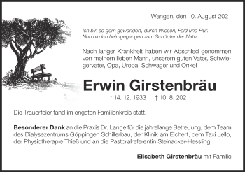 Traueranzeige von Erwin  Girstenbräu von NWZ Neue Württembergische Zeitung