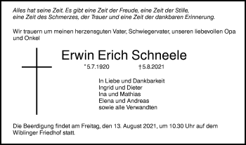 Traueranzeige von Erwin Erich Schneele von SÜDWEST PRESSE Ausgabe Ulm/Neu-Ulm