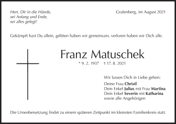 Traueranzeige von Franz Matuschek von Metzinger-Uracher Volksblatt