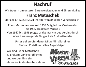 Traueranzeige von Franz Matuschek von Metzinger-Uracher Volksblatt