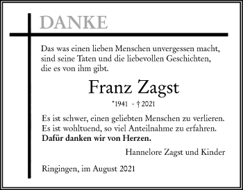 Traueranzeige von Franz Zagst von SÜDWEST PRESSE Ausgabe Ulm/Neu-Ulm