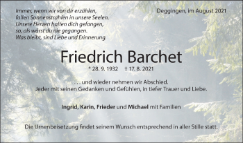 Traueranzeige von Friedrich Barchet von Geislinger Zeitung