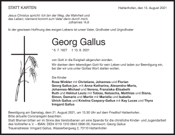 Traueranzeige von Georg Gallus von NWZ Neue Württembergische Zeitung/Geislinger Zeitung