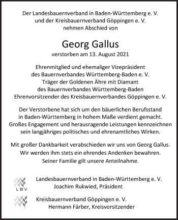 Traueranzeige von Georg Gallus von NWZ Neue Württembergische Zeitung/Geislinger Zeitung