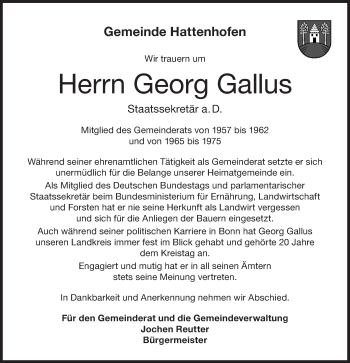 Traueranzeige von Georg Gallus von NWZ Neue Württembergische Zeitung