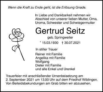 Traueranzeige von Gertrud Seitz von SÜDWEST PRESSE Ausgabe Ulm/Neu-Ulm