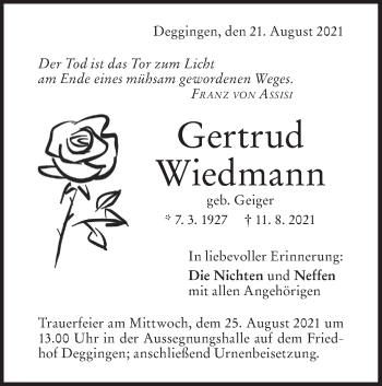 Traueranzeige von Gertrud Wiedmann von Geislinger Zeitung