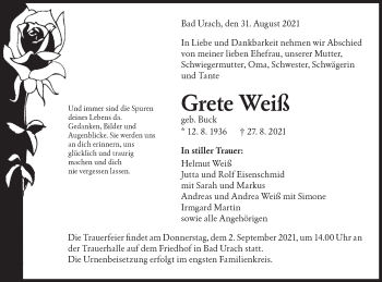 Traueranzeige von Grete Weiß von Alb-Bote/Metzinger-Uracher Volksblatt