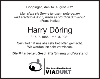 Traueranzeige von Harry Döring von NWZ Neue Württembergische Zeitung