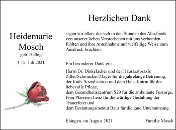 Traueranzeige von Heidemarie Mosch von Ehinger Tagblatt