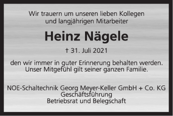 Traueranzeige von Heinz Nägele von Geislinger Zeitung