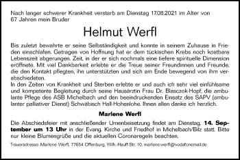 Traueranzeige von Helmut Werfl von Haller Tagblatt