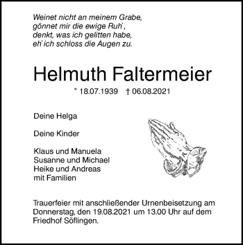 Traueranzeige von Helmuth Faltermeier von SÜDWEST PRESSE Ausgabe Ulm/Neu-Ulm