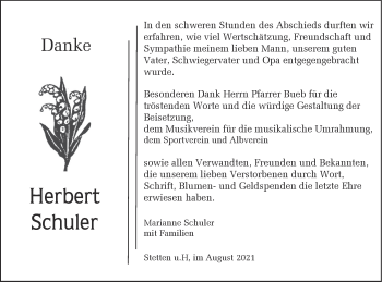 Traueranzeige von Herbert Schuler von Metzinger-Uracher Volksblatt