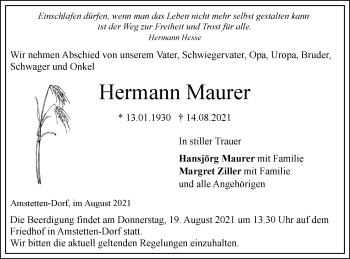 Traueranzeige von Hermann Maurer von Geislinger Zeitung