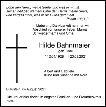 Traueranzeige von Hilde Bahnmaier von SÜDWEST PRESSE Ausgabe Ulm/Neu-Ulm