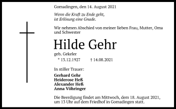 Traueranzeige von Hilde Gehr von Alb-Bote/Metzinger-Uracher Volksblatt