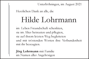 Traueranzeige von Hilde Lohrmann von Geislinger Zeitung