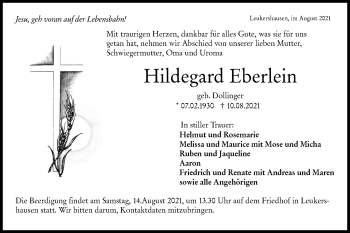 Traueranzeige von Hildegard Eberlein von Hohenloher Tagblatt