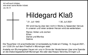 Traueranzeige von Hildegard Klaß von Alb-Bote/Metzinger-Uracher Volksblatt