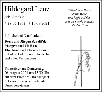 Traueranzeige von Hildegard Lenz von SÜDWEST PRESSE Ausgabe Ulm/Neu-Ulm