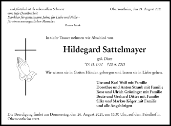 Traueranzeige von Hildegard Sattelmayer von Haller Tagblatt