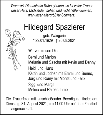 Traueranzeige von Hildegard Spazierer von SÜDWEST PRESSE Ausgabe Ulm/Neu-Ulm