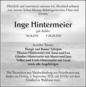 Traueranzeige von Inge Hintermeier von Hohenloher Tagblatt